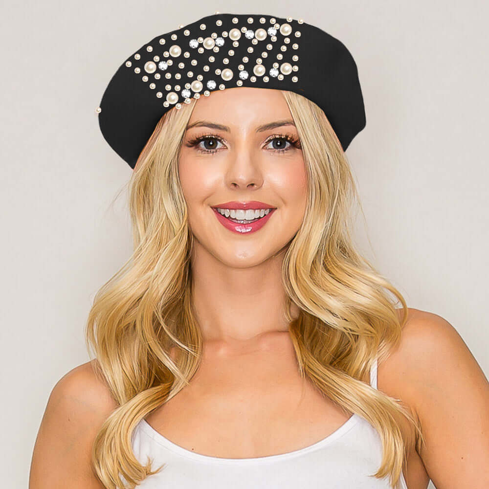 Pearl Stone Cluster Black Embellished Wool Beret Hat - M H W ACCESSORIES LLC