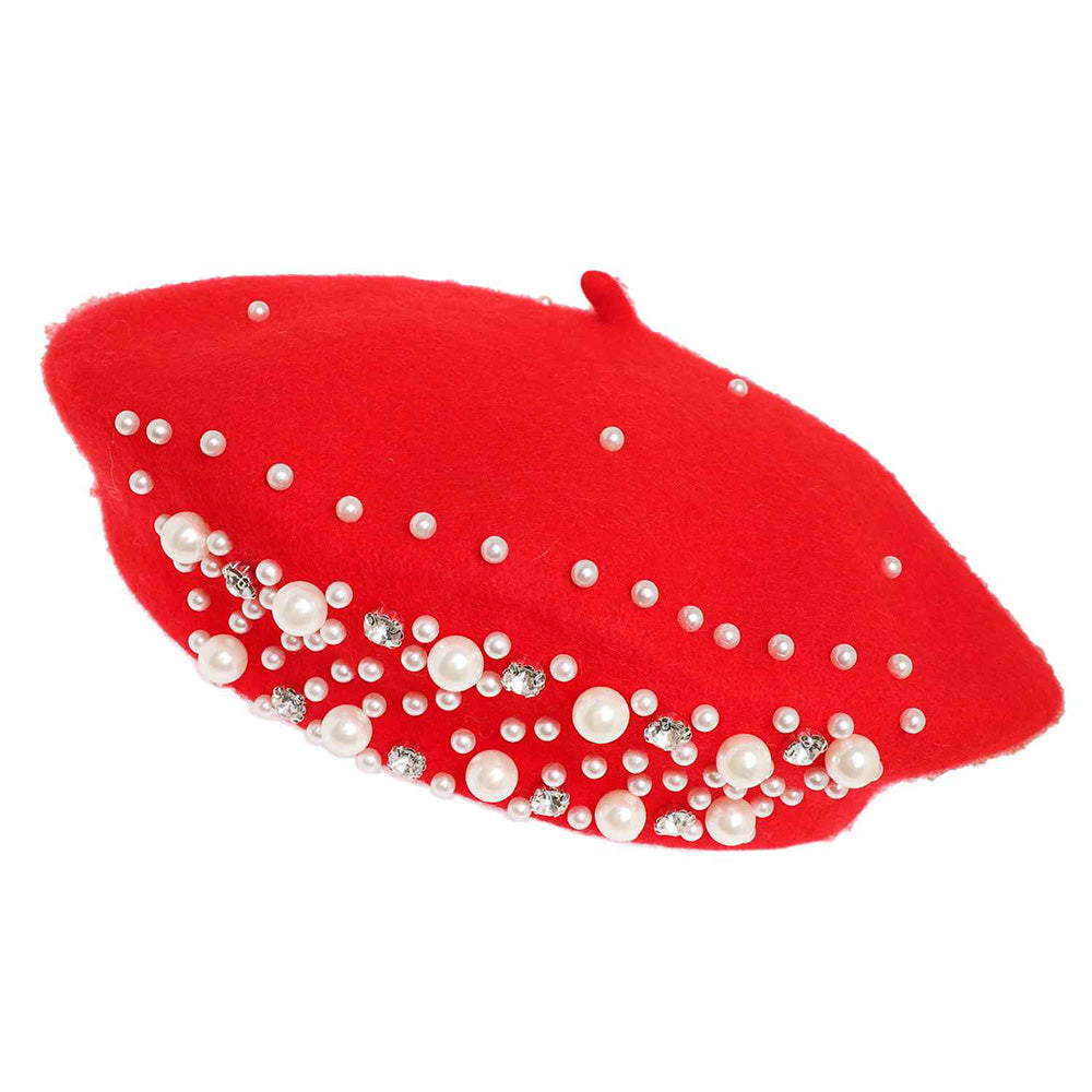 Pearl Stone Cluster Red Embellished Wool Beret Hat (Copy)