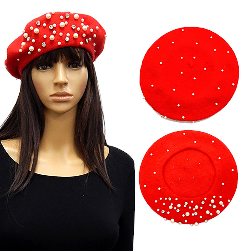 Pearl Rhinestone Embellished Red Winter Beret Hat Style - M H W ACCESSORIES LLC
