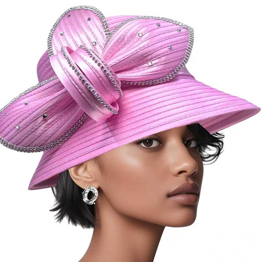 Pink Rhinestone Embellished Floral Bow Accent Wide Brim Statement Dressy Hat M H W ACCESSORIES LLC Pink Rhinestone Embellished Floral Bow Accent Wide Brim Statement Dressy Hat