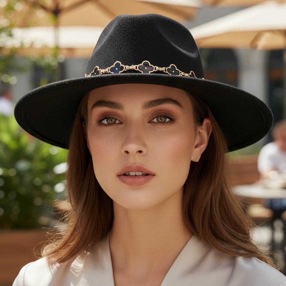 Quatrefoil Black & Gold Link Chain Band Accent Plain Western Cowboy Fedora Hat M H W ACCESSORIES LLC Quatrefoil Black & Gold Link Chain Band Accent Plain Western Cowboy Fedora Hat