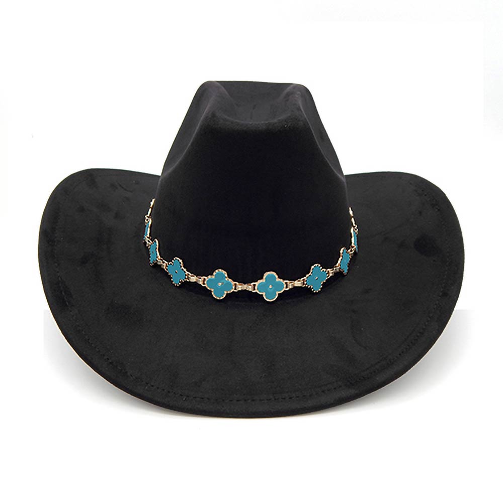 Quatrefoil Black & Turquoise Link Chain Band Accent Plain Western Cowboy Fedora Hat M H W ACCESSORIES LLC Quatrefoil Black & Turquoise Link Chain Band Accent Plain Western Cowboy Fedora Hat