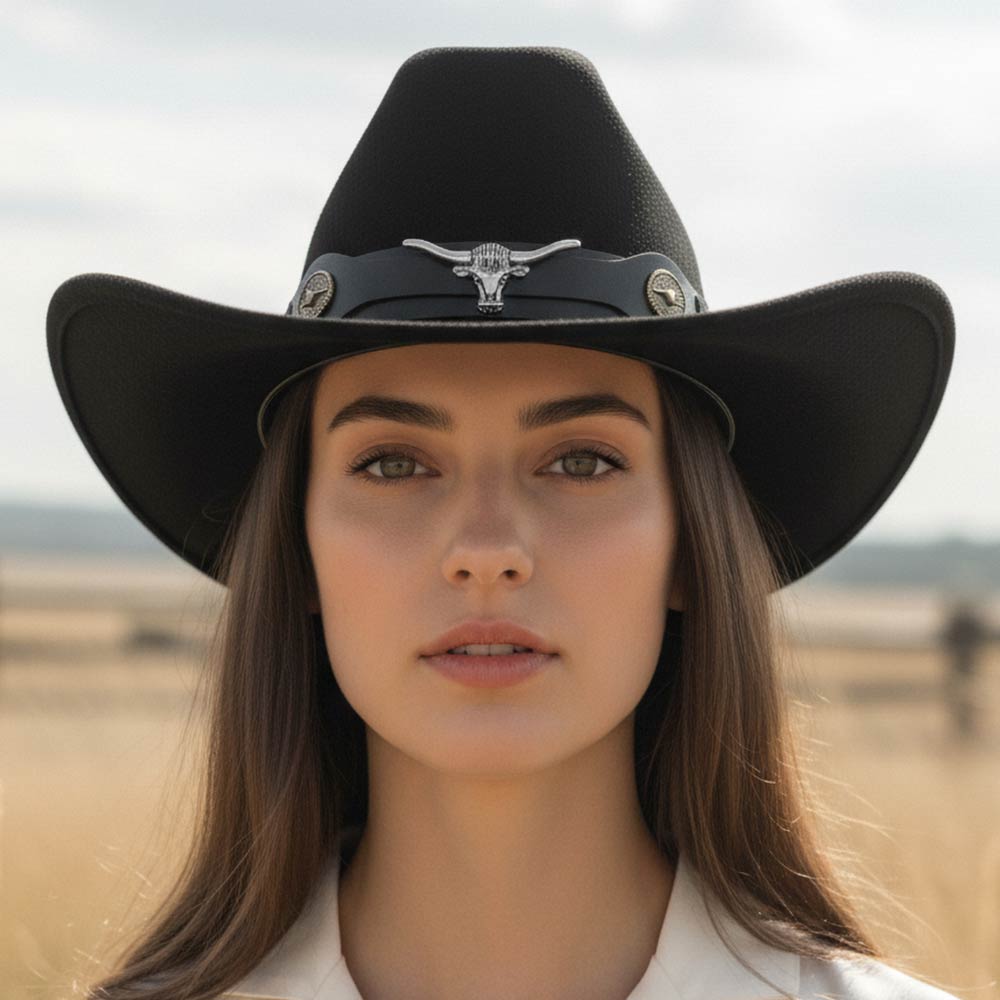 Steer Head Black Faux Leather Band Western Cowboy Fedora Hat M H W ACCESSORIES LLC Steer Head Black Faux Leather Band Western Cowboy Fedora Hat