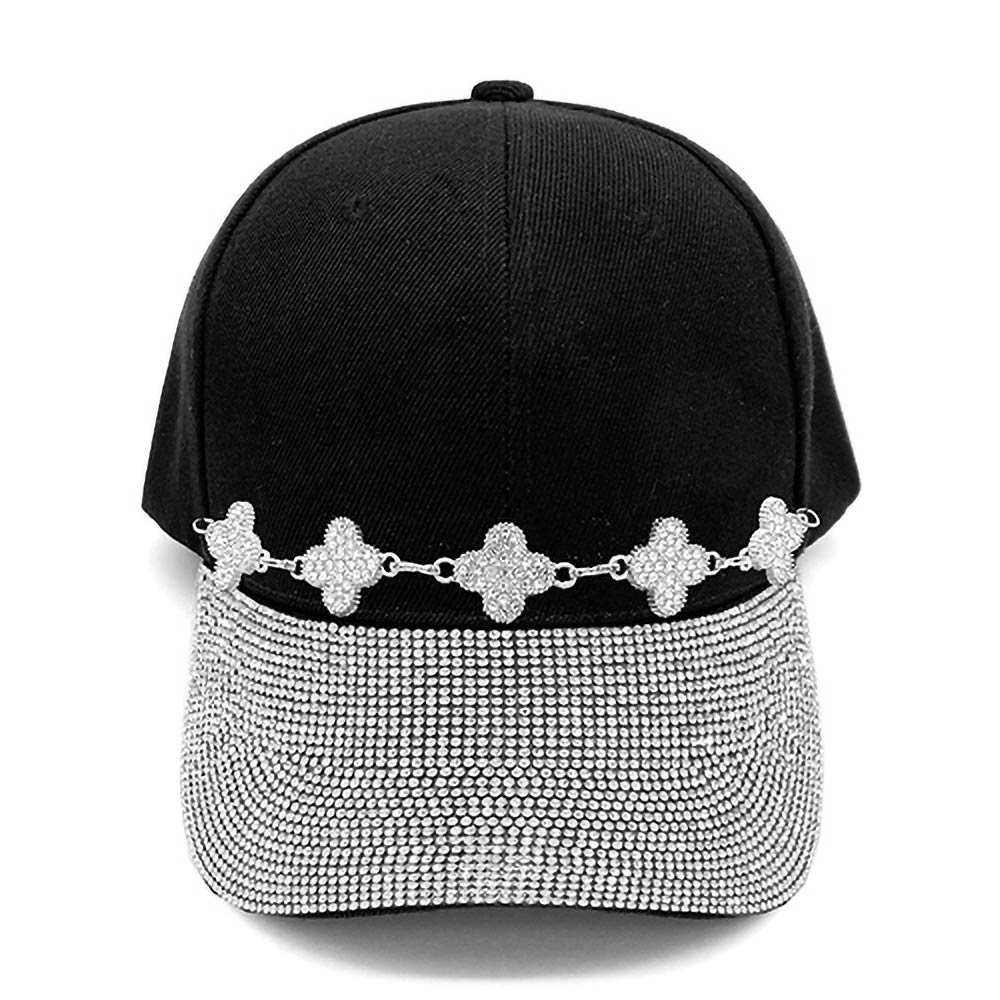 Black Bling Studded Panel Quatrefoil Link Chain Accent Baseball Cap M H W ACCESSORIES LLC Black Bling Studded Panel Quatrefoil Link Chain Accent Baseball Cap