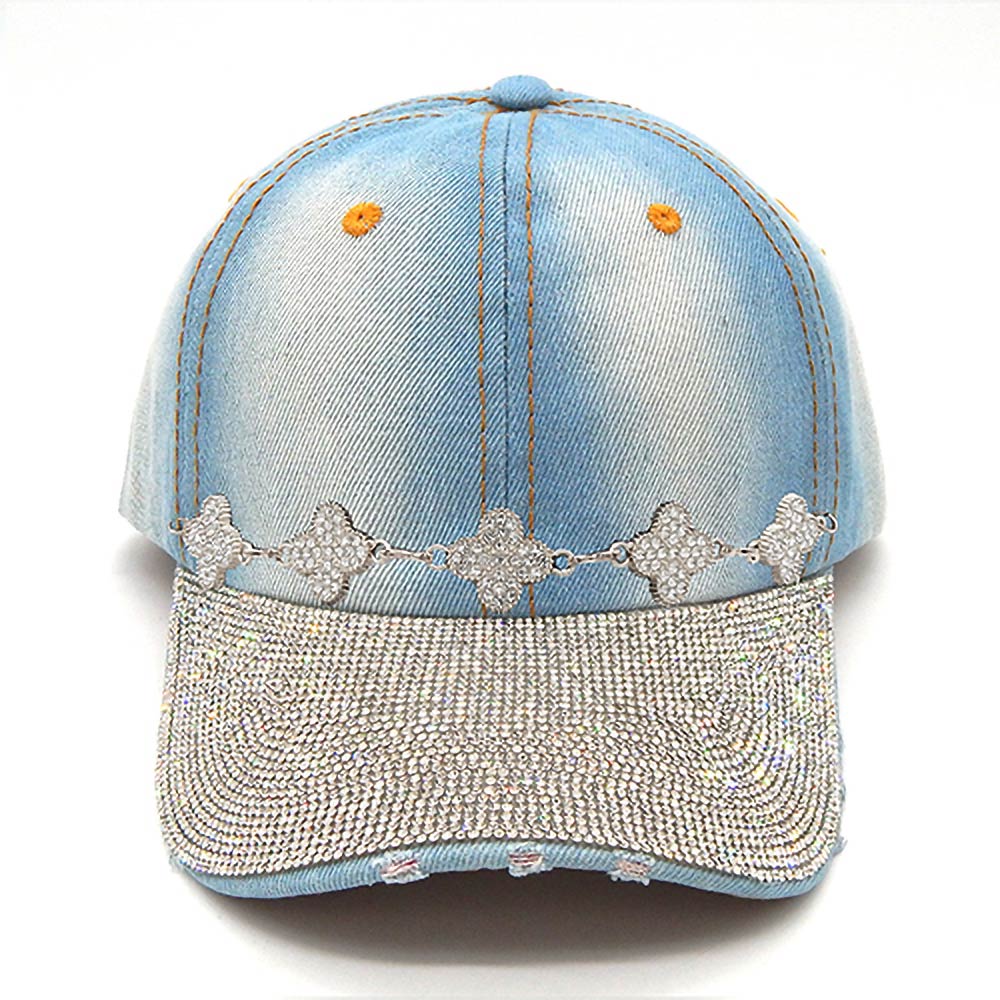 Light Blue Bling Studded Panel Quatrefoil Link Chain Accent Baseball Cap M H W ACCESSORIES LLC Light Blue Bling Studded Panel Quatrefoil Link Chain Accent Baseball Cap