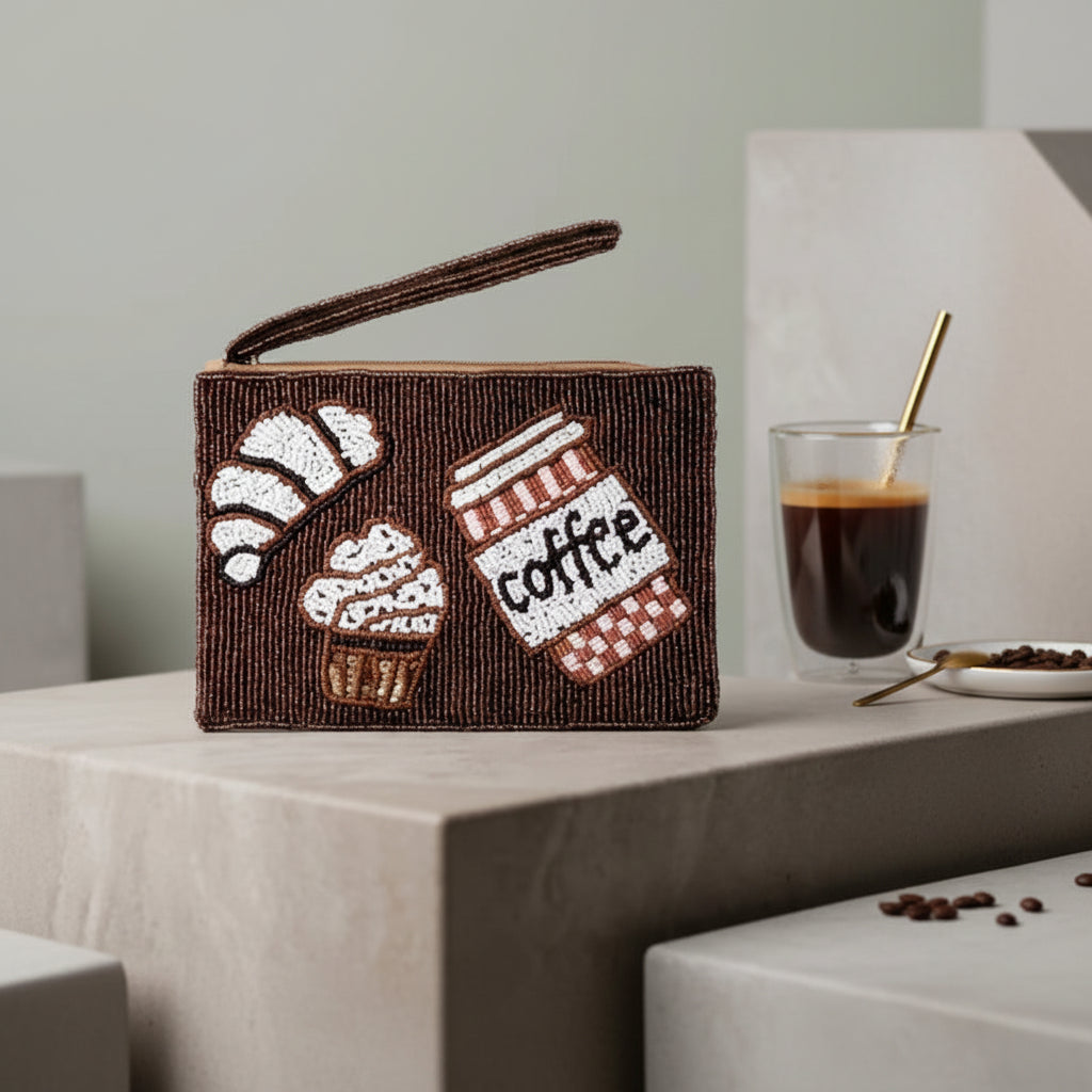 Coffee And Croissant Beaded Zip Women's Pouch M H W ACCESSORIES LLC Coffee And Croissant Beaded Zip Women's Pouch