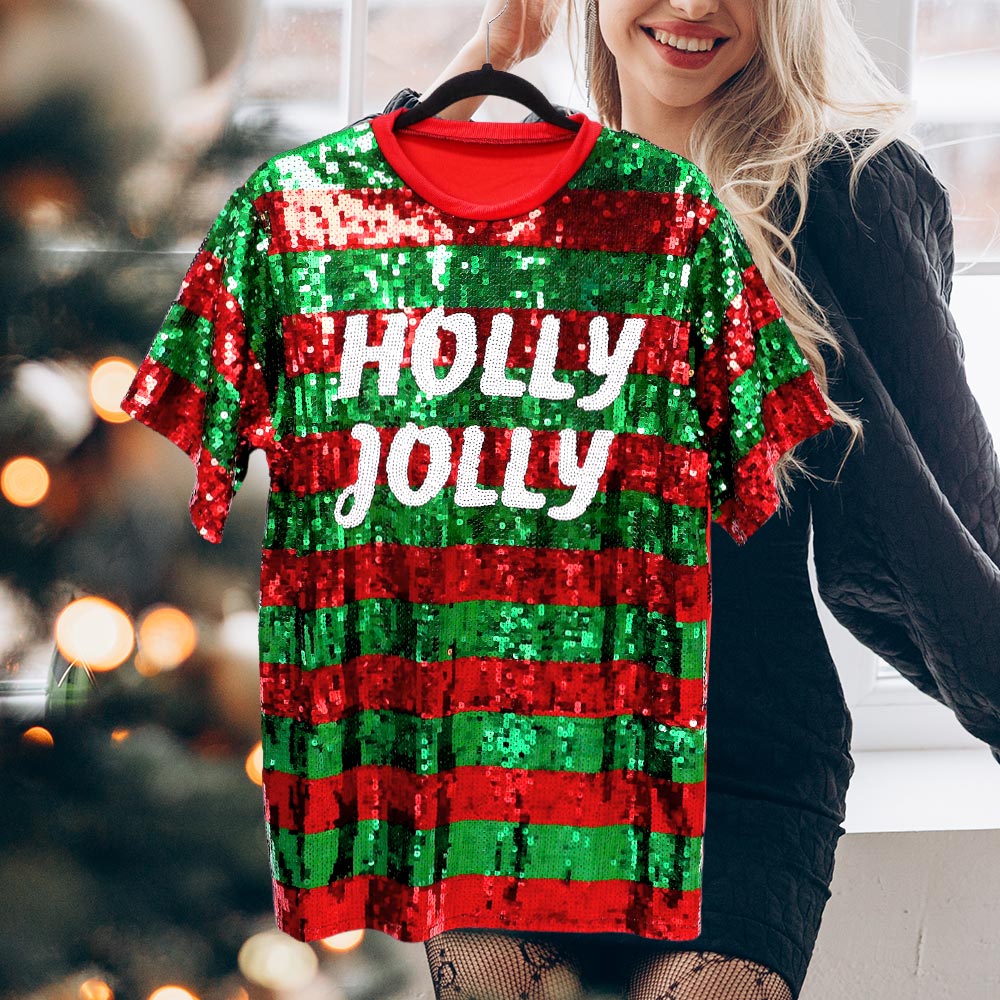 HOLLY JOLLY Message Christmas Sequin Jersey Top - M H W ACCESSORIES LLC