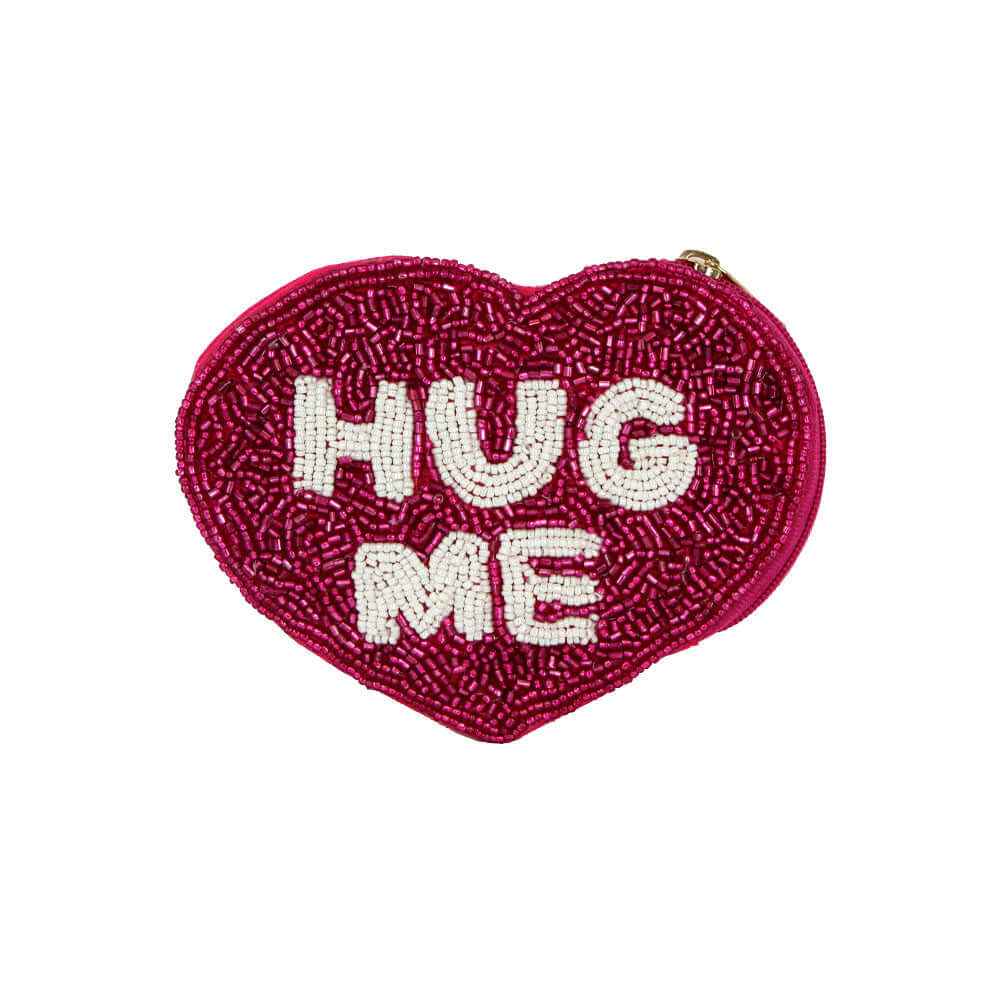 HUG ME Message Heart Shaped Seed Beaded Mini Pouch Bag
