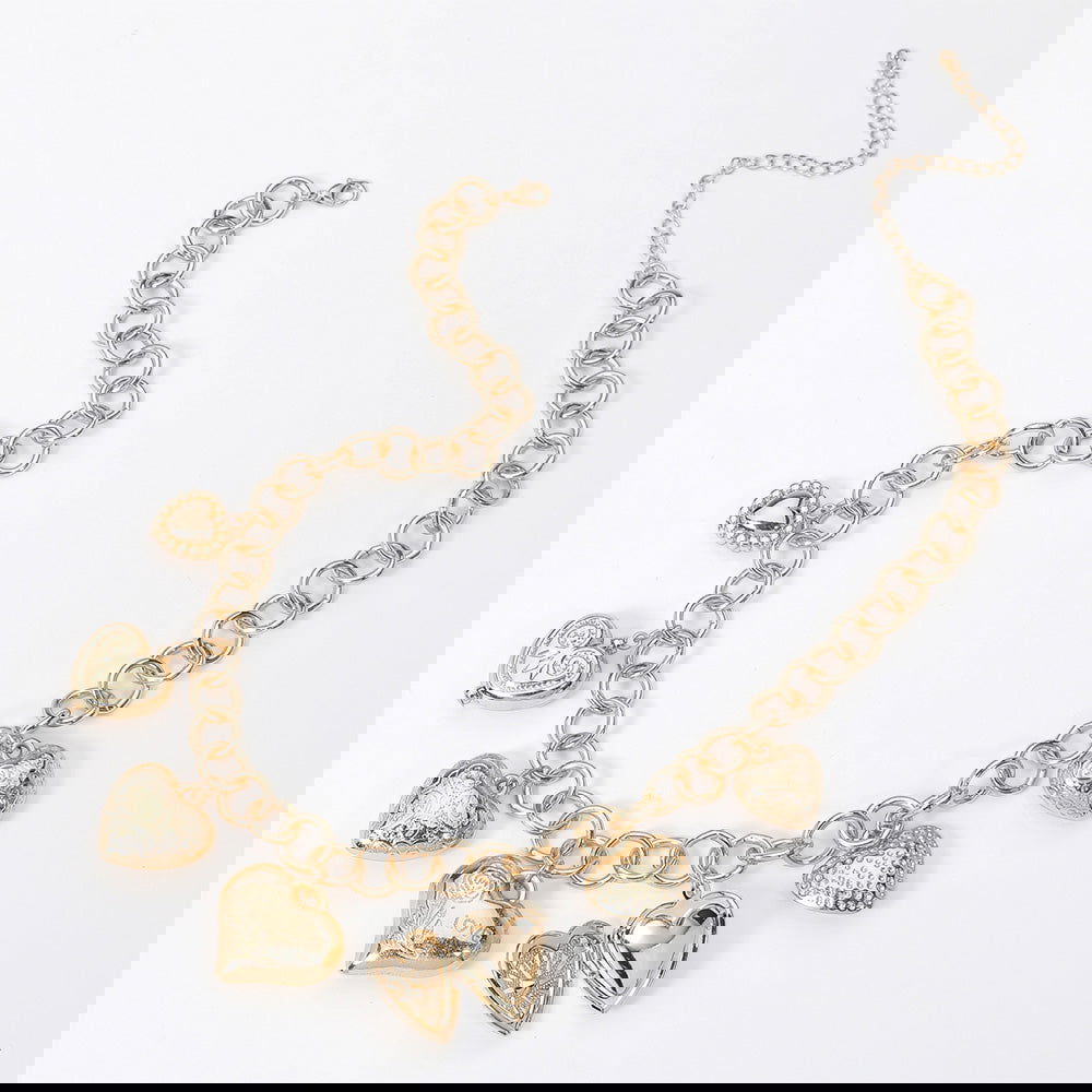 Heart Locket Metal Heart Gold Charm Station Chain Necklace - M H W ACCESSORIES LLC