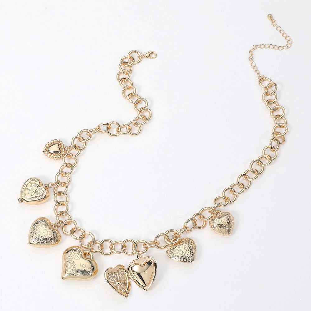 Heart Locket Metal Heart Gold Charm Station Chain Necklace