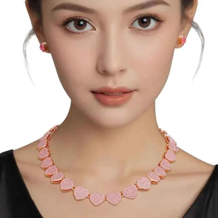 Heart Pave Pink Link Necklace Set for Women
