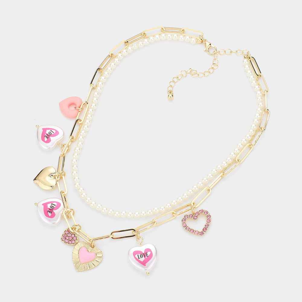 Heart Pendant Station Pearl Double Layer Pearl Double Layered Necklace