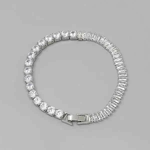 Emerald Cut & Round CZ Stone Silver Pave Statement Bracelet