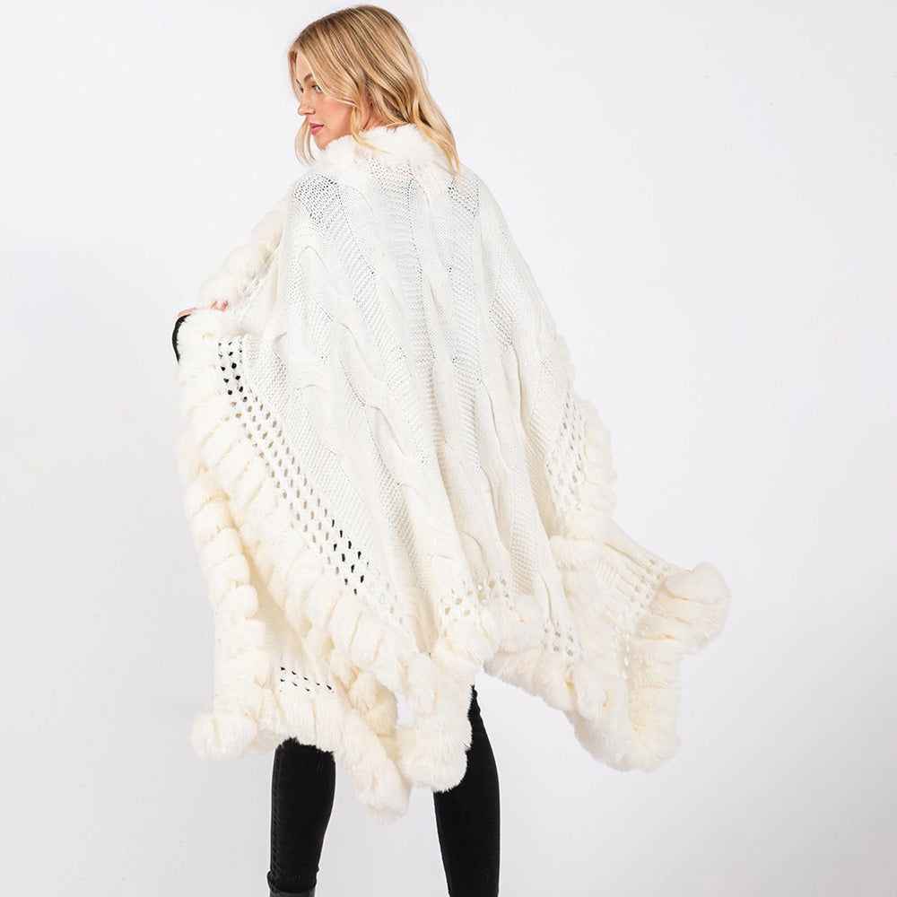 Ivory Faux Fur Collar and Trim Cape with Closure