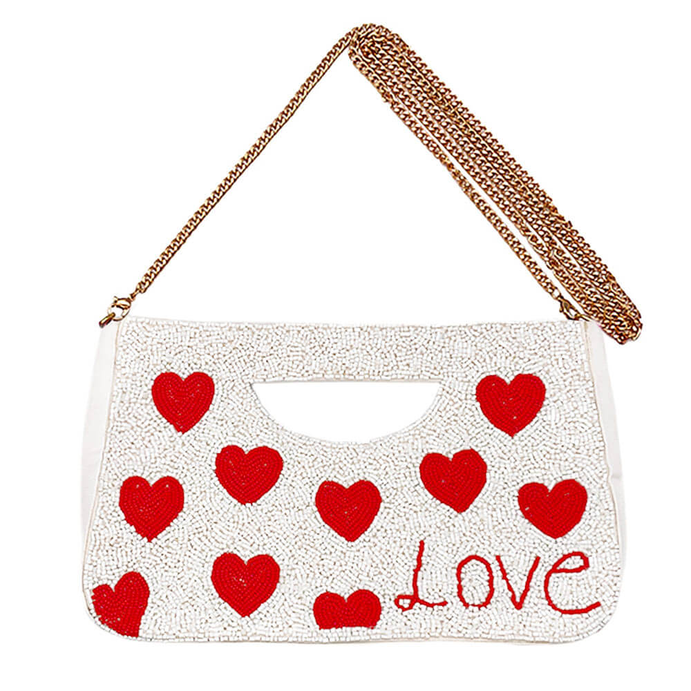 Ivory Love Heart Patterned Seed Beaded Tote / Crossbody Bag - M H W ACCESSORIES LLC