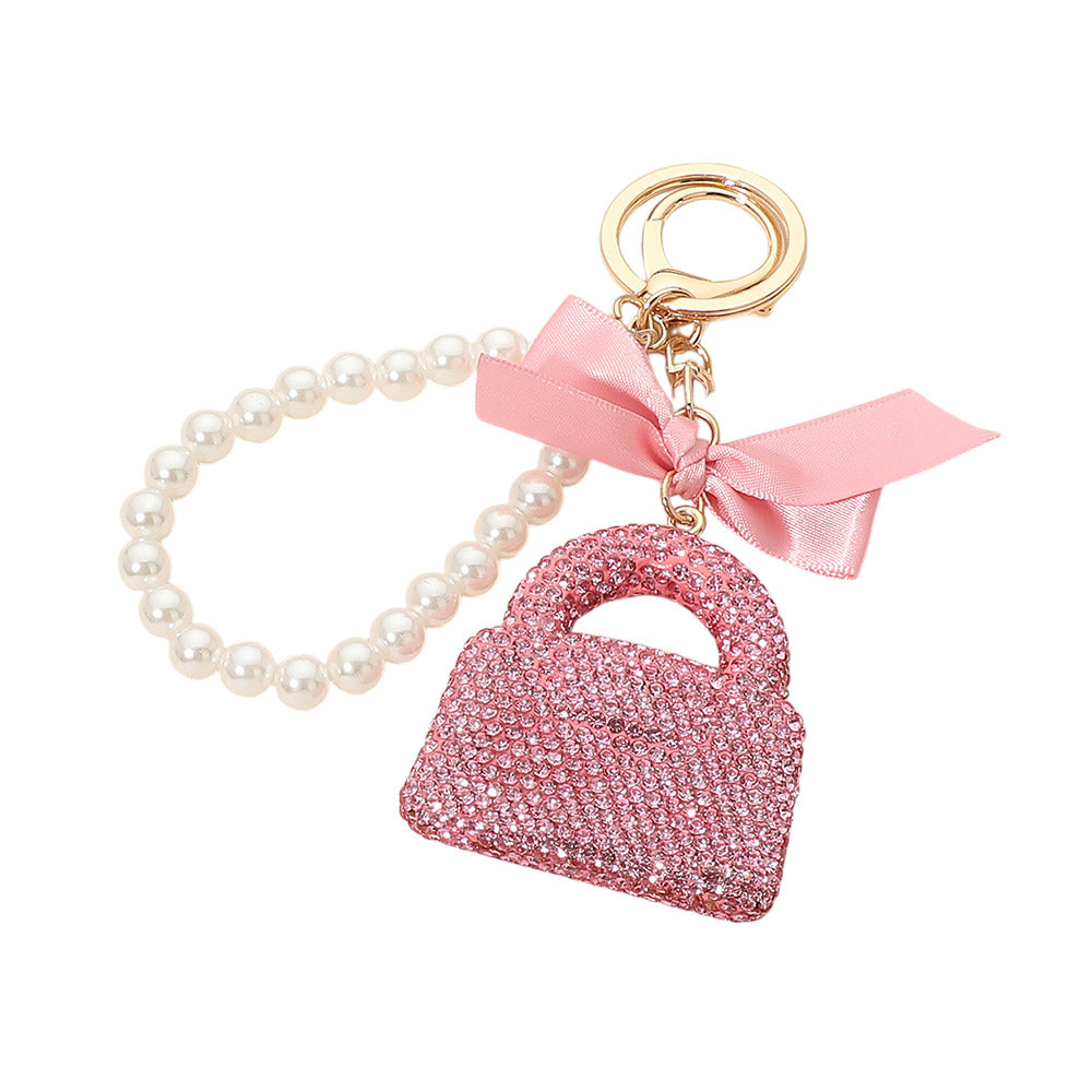 Bling Studded Pink Bow Handbag /Keychain Charm Pearl Beaded Wristlet M H W ACCESSORIES LLC Bling Studded Pink Bow Handbag /Keychain Charm Pearl Beaded Wristlet