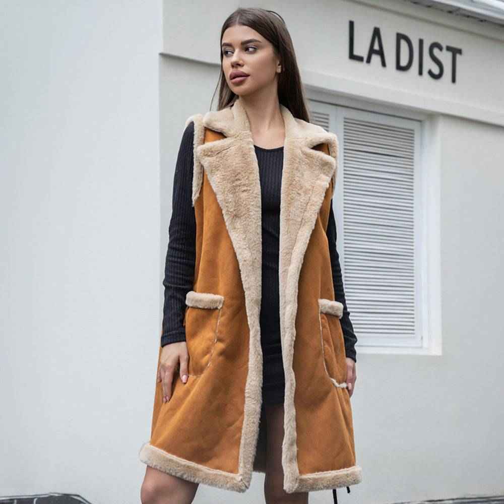 Khaki Faux Suede Teddy Bear Long Vest