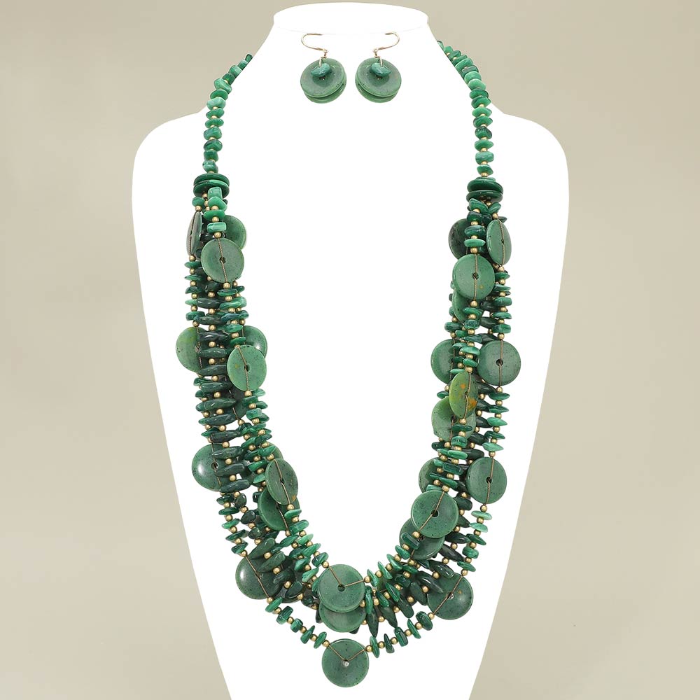 Resin Disc Green Charm Beaded Layered Statement Long Necklace M H W ACCESSORIES LLC Resin Disc Green Charm Beaded Layered Statement Long Necklace
