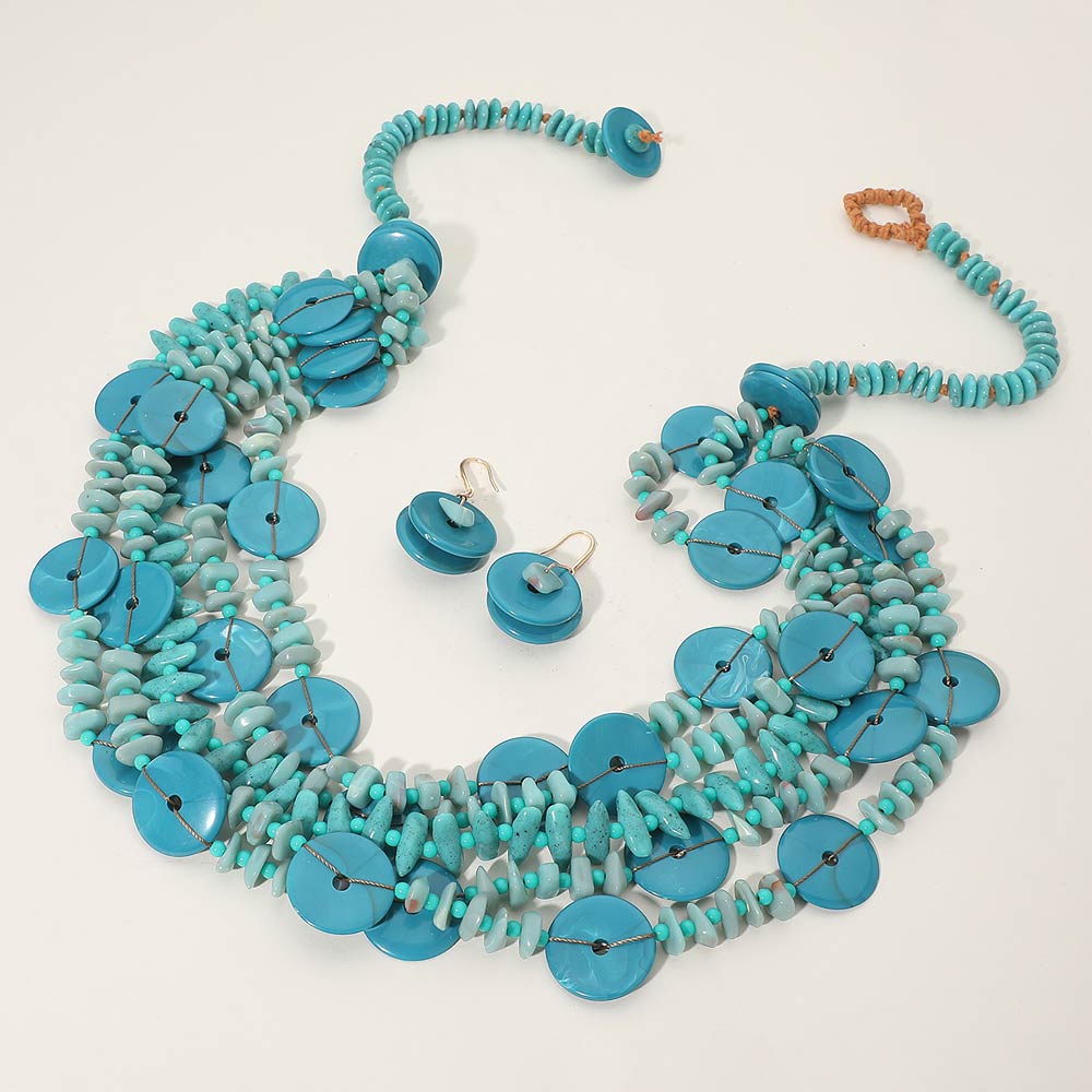 Resin Disc Blue Charm Beaded Layered Statement Long Necklace M H W ACCESSORIES LLC Resin Disc Blue Charm Beaded Layered Statement Long Necklace
