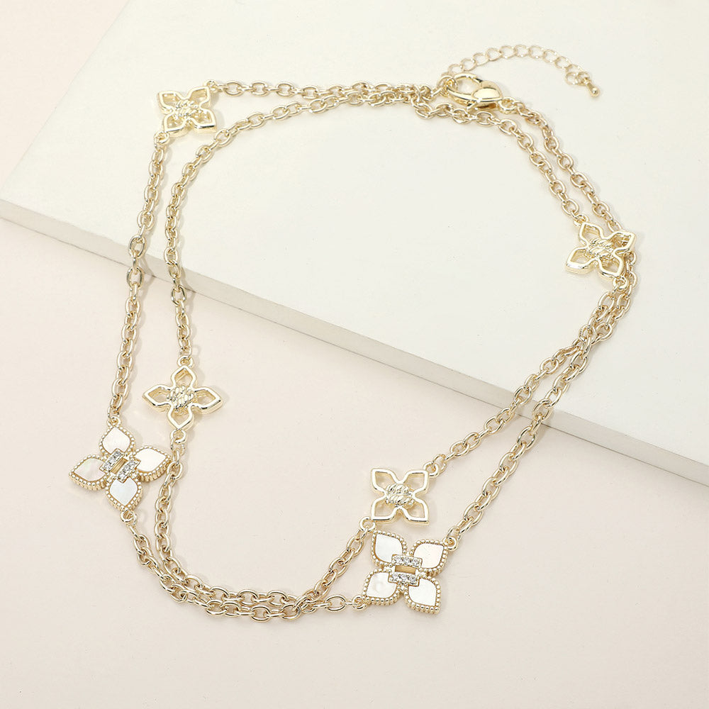 14K Gold Plated CZ Accent Mother of Pearl Floral Motif Station Layered Long Necklace