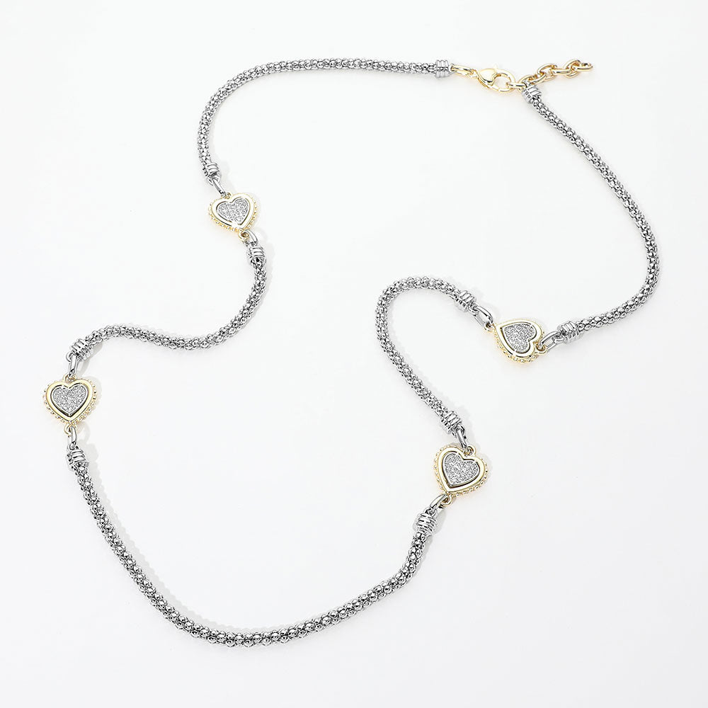 Two Tone Gold-Dipped CZ Heart Charm Station Necklace for Women M H W ACCESSORIES LLC Two Tone Gold-Dipped CZ Heart Charm Station Necklace for Women