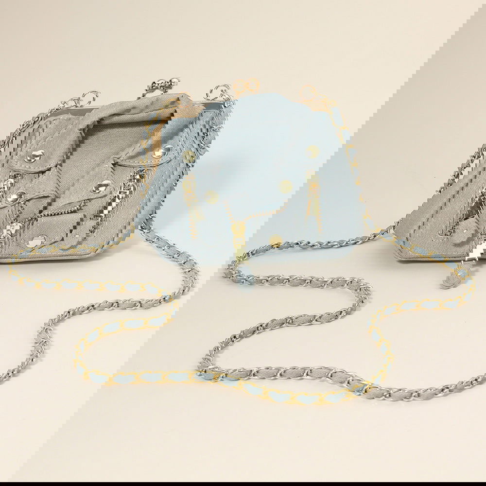 Light Denim Faux Leather Motorcycle Jacket Purse / Crossbody Bag - M H W ACCESSORIES LLC