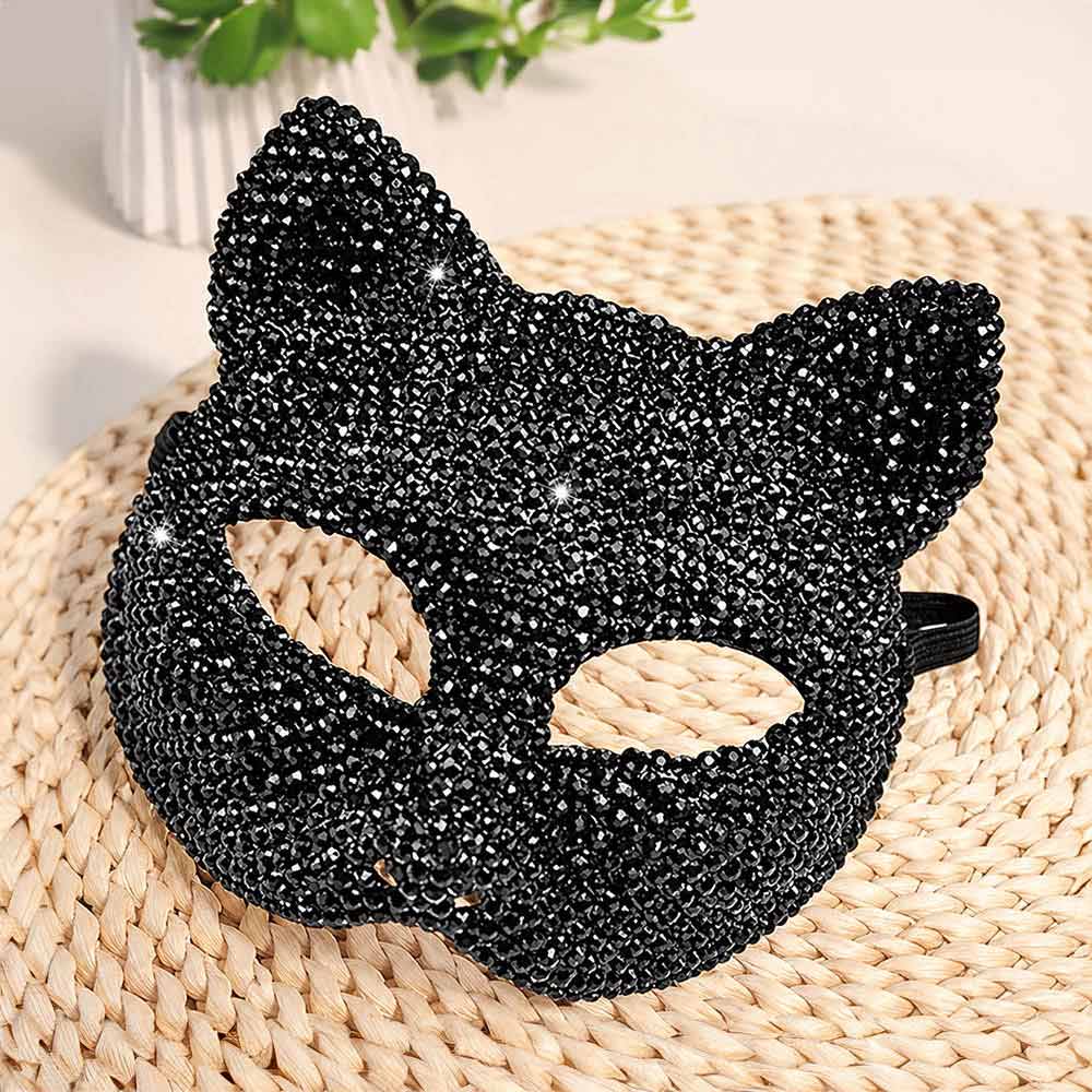 Black Bling Crystal Studded Cat Costume Party Mask M H W ACCESSORIES LLC Black Bling Crystal Studded Cat Costume Party Mask