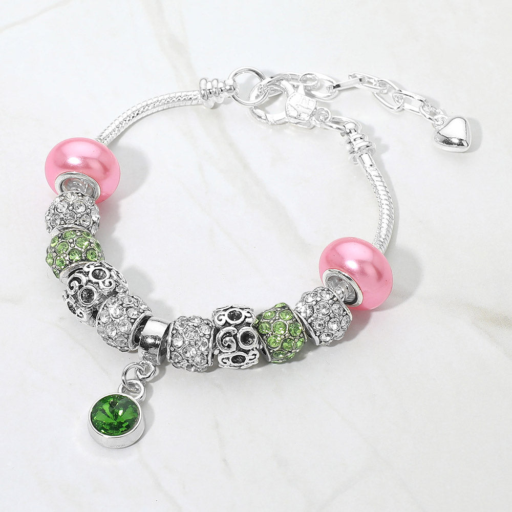 Pink & Green Round Bezel Charm Accent Multi Beaded Bracelet M H W ACCESSORIES LLC Pink & Green Round Bezel Charm Accent Multi Beaded Bracelet
