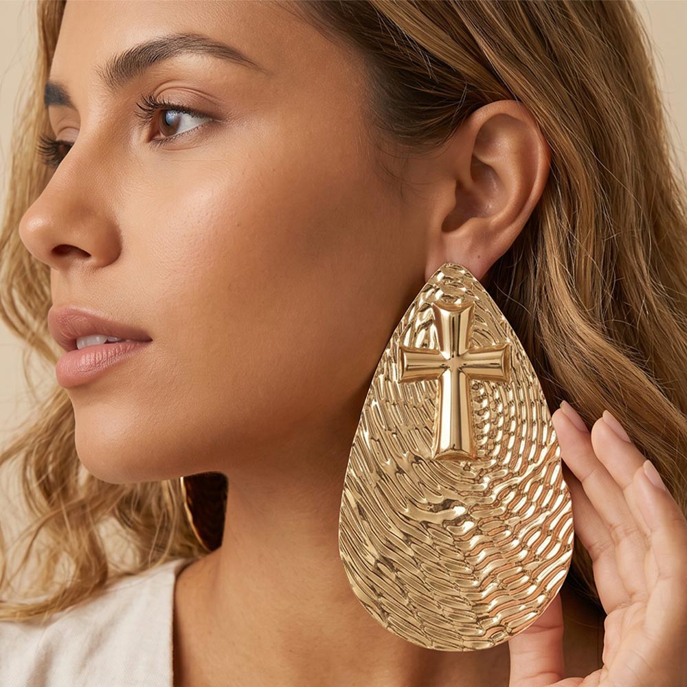 Oversized Textured Cross Accent Teardrop Statement Earrings M H W ACCESSORIES LLC Oversized Textured Cross Accent Teardrop Statement Earrings