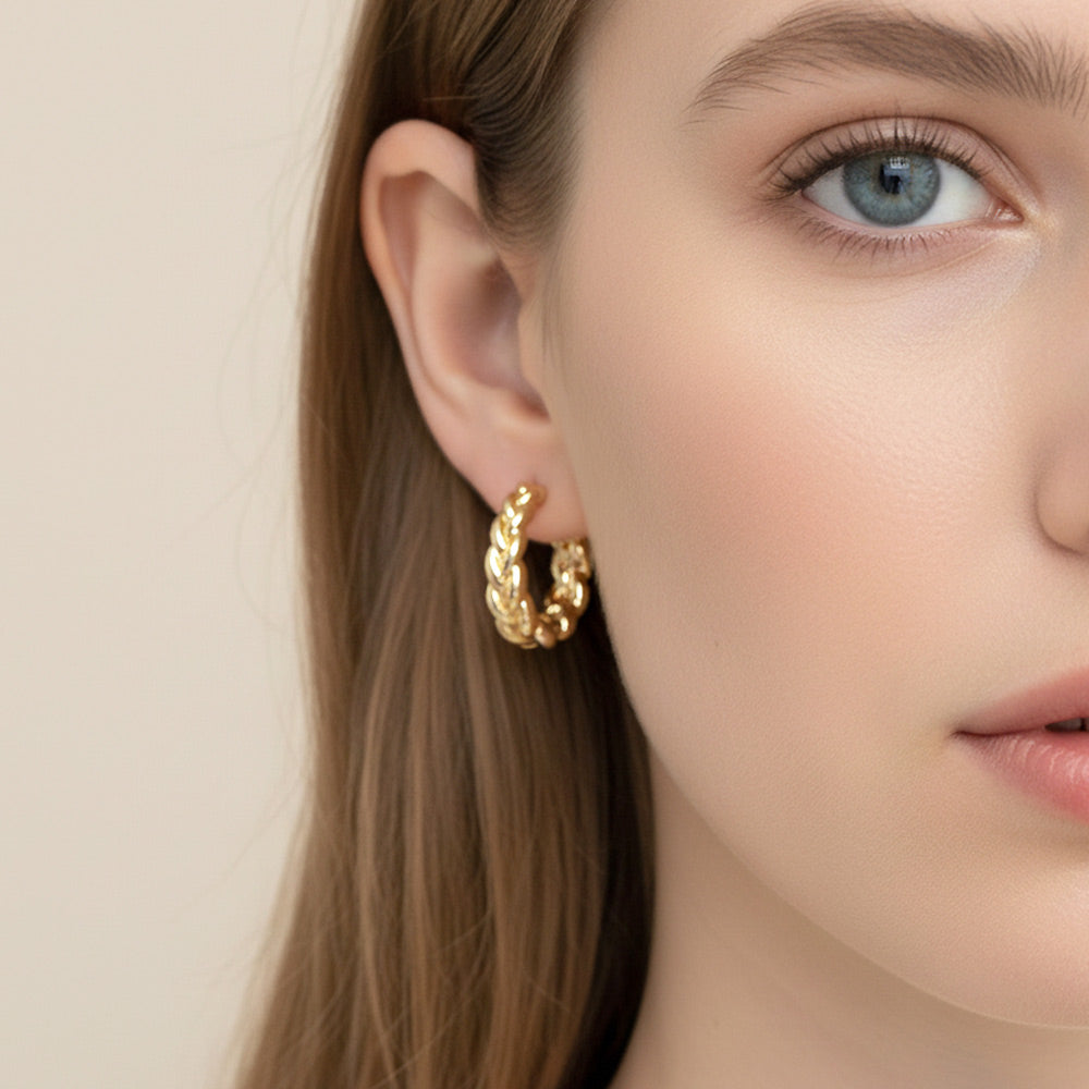 14K Gold Dipped Chunky Braided Huggie Hoop Earrings