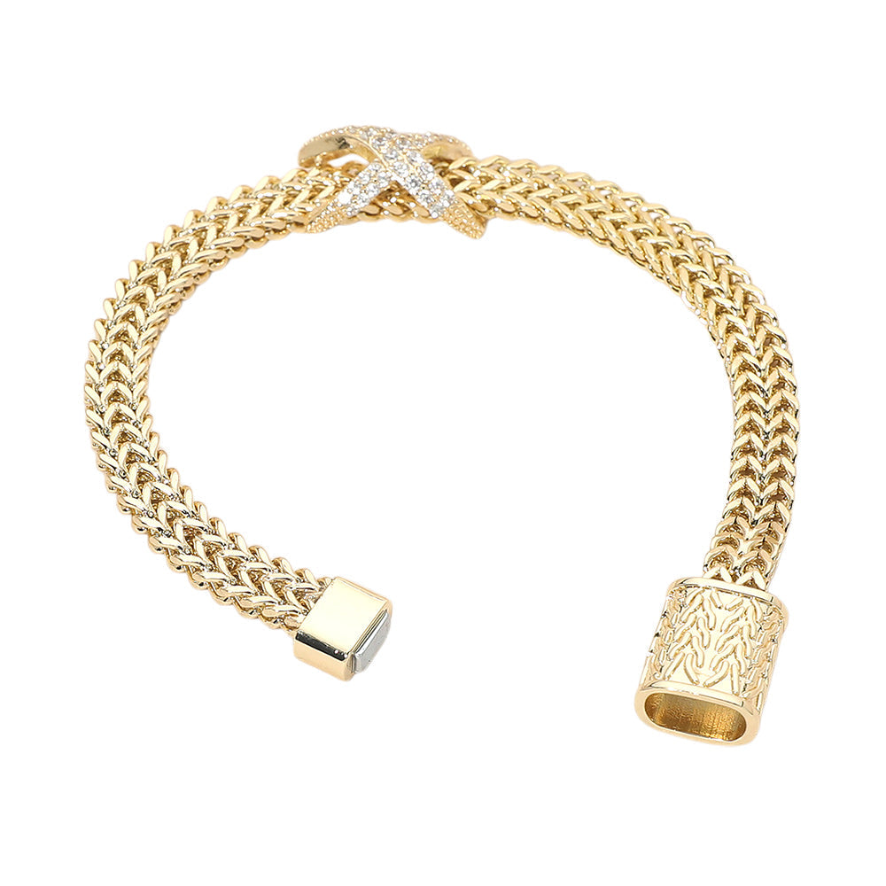 CZ Pave Crisscross Charm Accent Gold Mesh Chain Magnetic Bracelet M H W ACCESSORIES LLC CZ Pave Crisscross Charm Accent Gold Mesh Chain Magnetic Bracelet