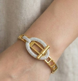 Stainless Steel Pave Oval Buckle Hinged Bangle Bracelet M H W ACCESSORIES LLC Stainless Steel Pave Oval Buckle Hinged Bangle Bracelet