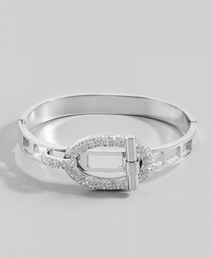Stainless Steel Silver Tone Pave Oval Buckle Hinged Bangle Bracelet M H W ACCESSORIES LLC Stainless Steel Silver Tone Pave Oval Buckle Hinged Bangle Bracelet