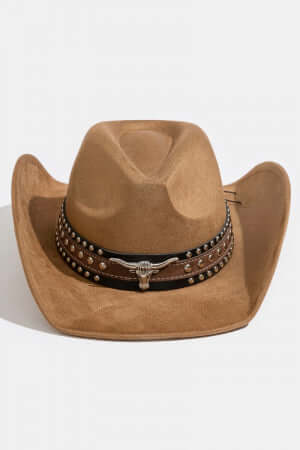 Dark Brown Layered Western Bull Head Strap Cowboy Hat