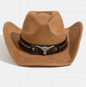 Tan Studded Western Bull Head Strap Cowboy Hat