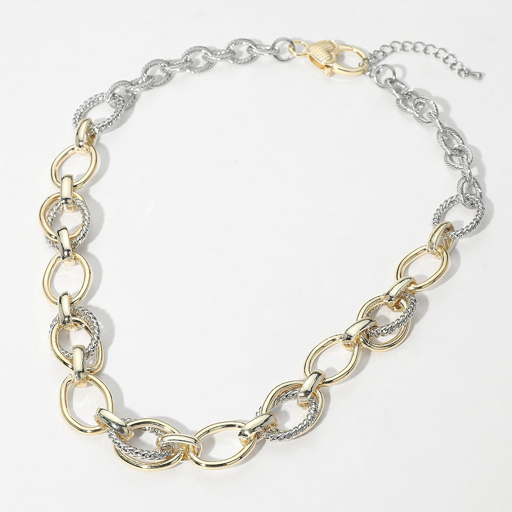 14K Gold Plated Two Tone Textured Oval Link Chunky Chain Necklace M H W ACCESSORIES LLC 14K Gold Plated Two Tone Textured Oval Link Chunky Chain Necklace