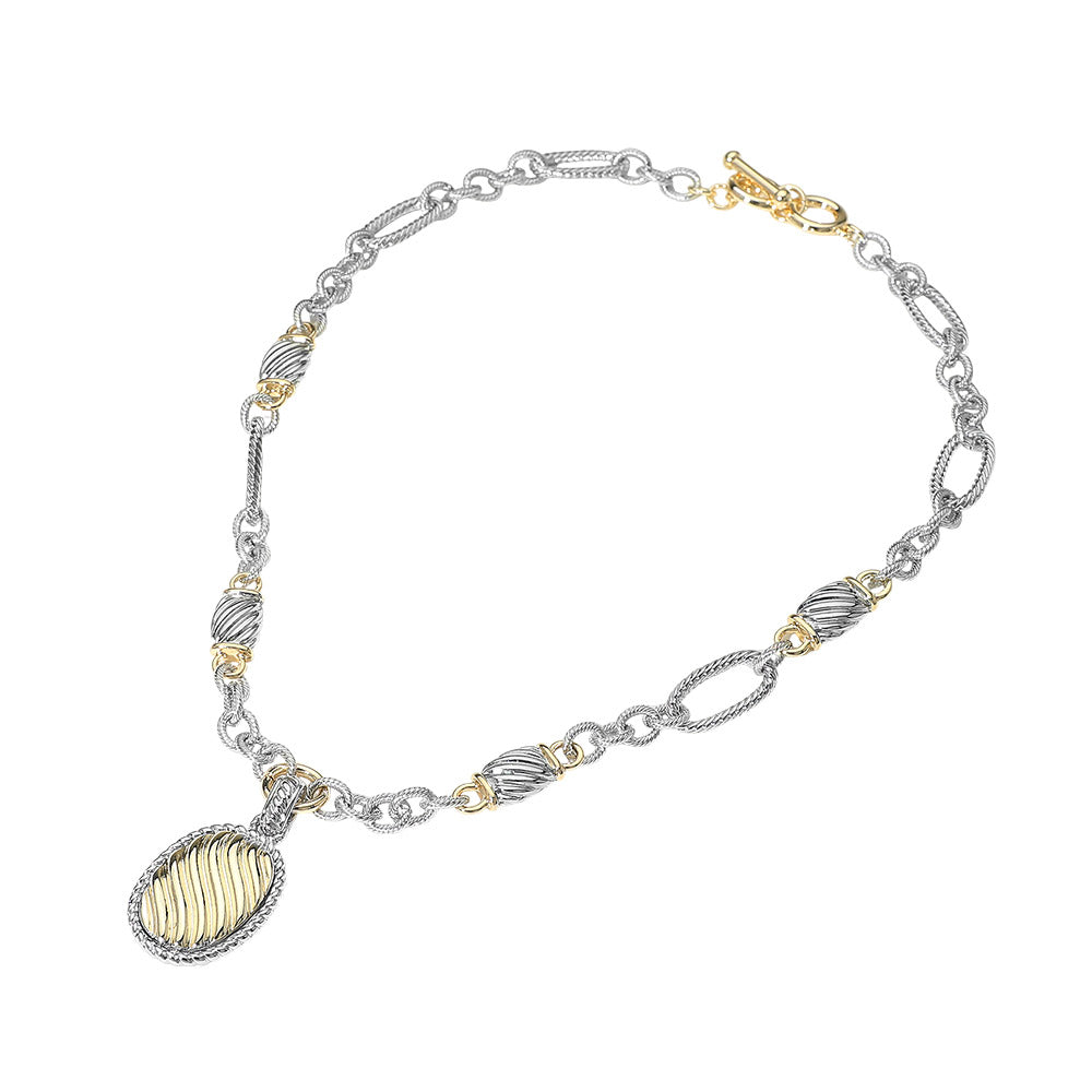 14K Gold Plated Two Tone Oval Pendant Chunky Chain Toggle Necklace M H W ACCESSORIES LLC 14K Gold Plated Two Tone Oval Pendant Chunky Chain Toggle Necklace