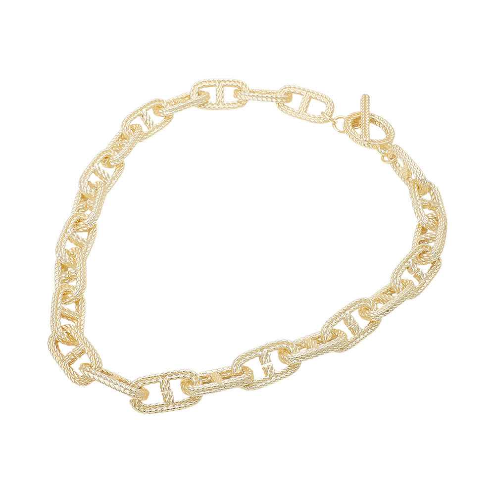 14K Gold Plated Bold Textured Mariner Link Chain Necklace M H W ACCESSORIES LLC 14K Gold Plated Bold Textured Mariner Link Chain Necklace