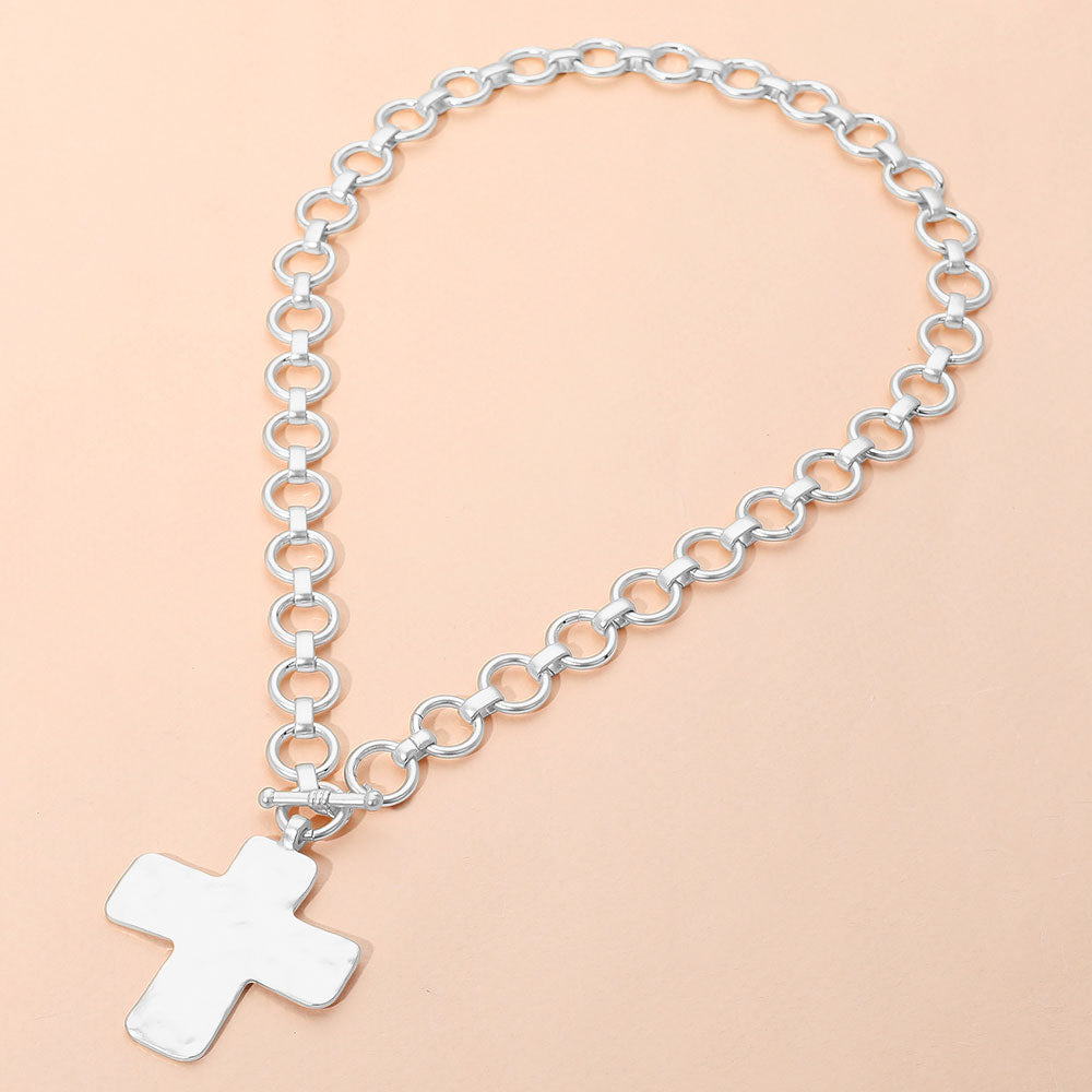 Hammered Matte Metal Silver Cross Pendant Chunky Chain Toggle Necklace