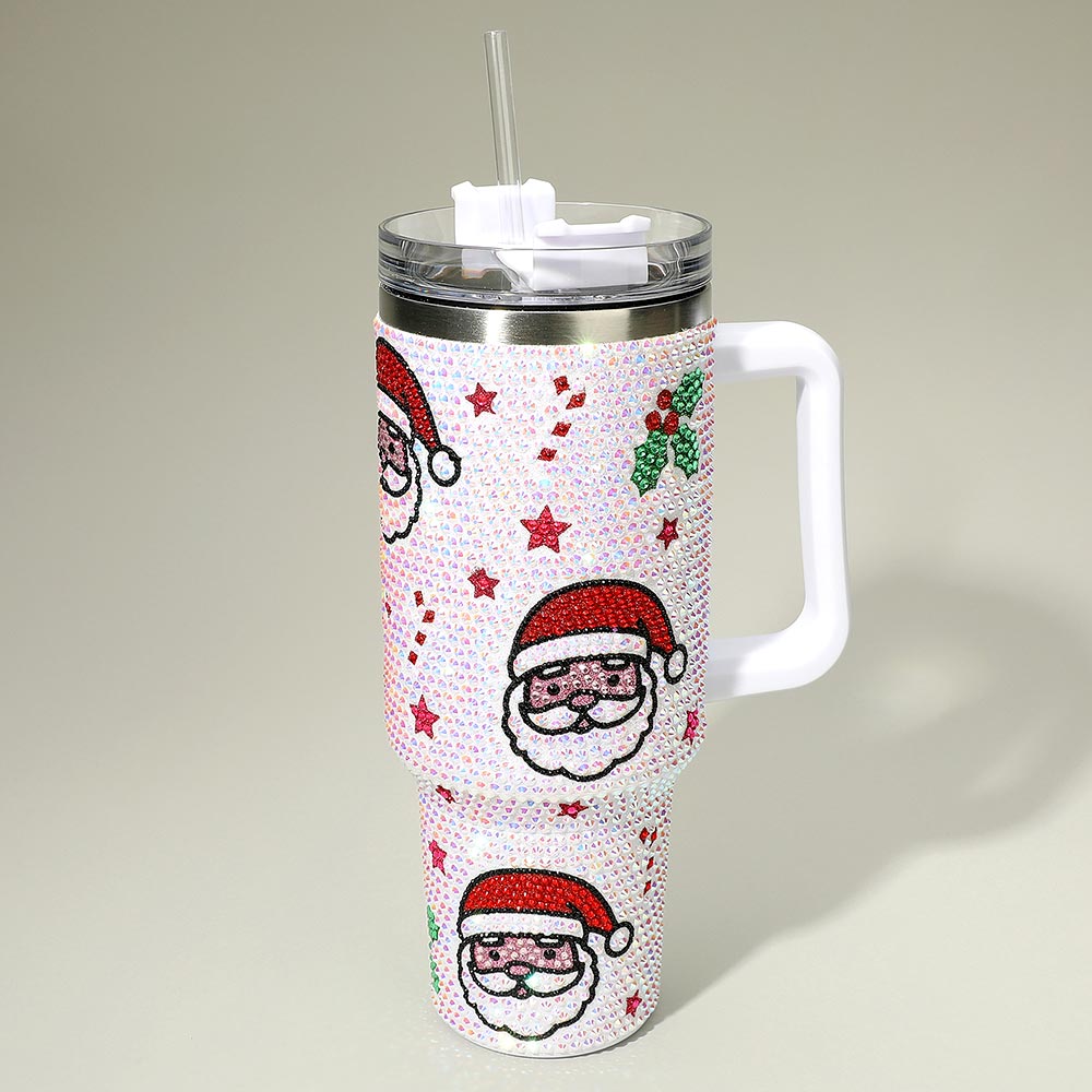 Bling Studded Clear Santa Pattern 40oz Stainless Steel Tumbler with Handle