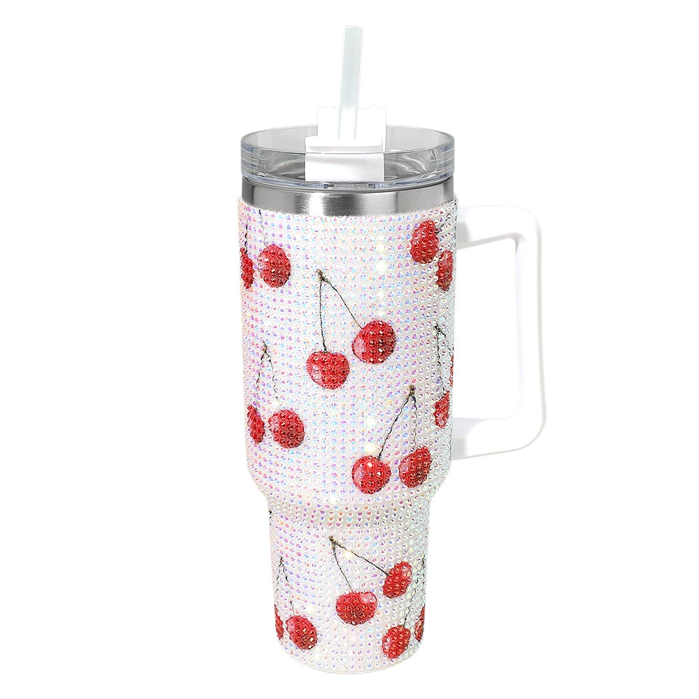 Cherry Bling Studded Color block 40oz Stainless Steel Tumbler With Handle