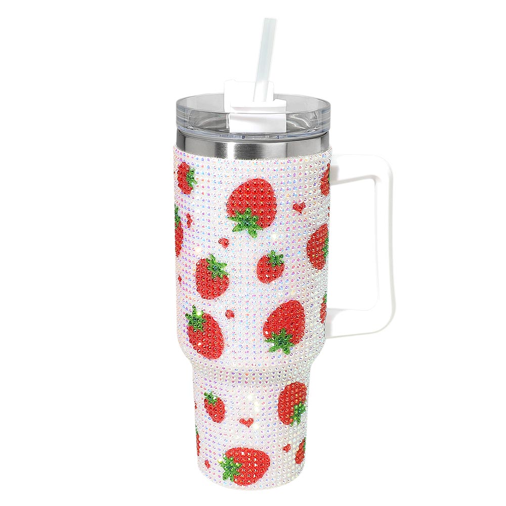 Strawberry Bling Studded Color block 40oz Stainless Steel Tumbler With Handle