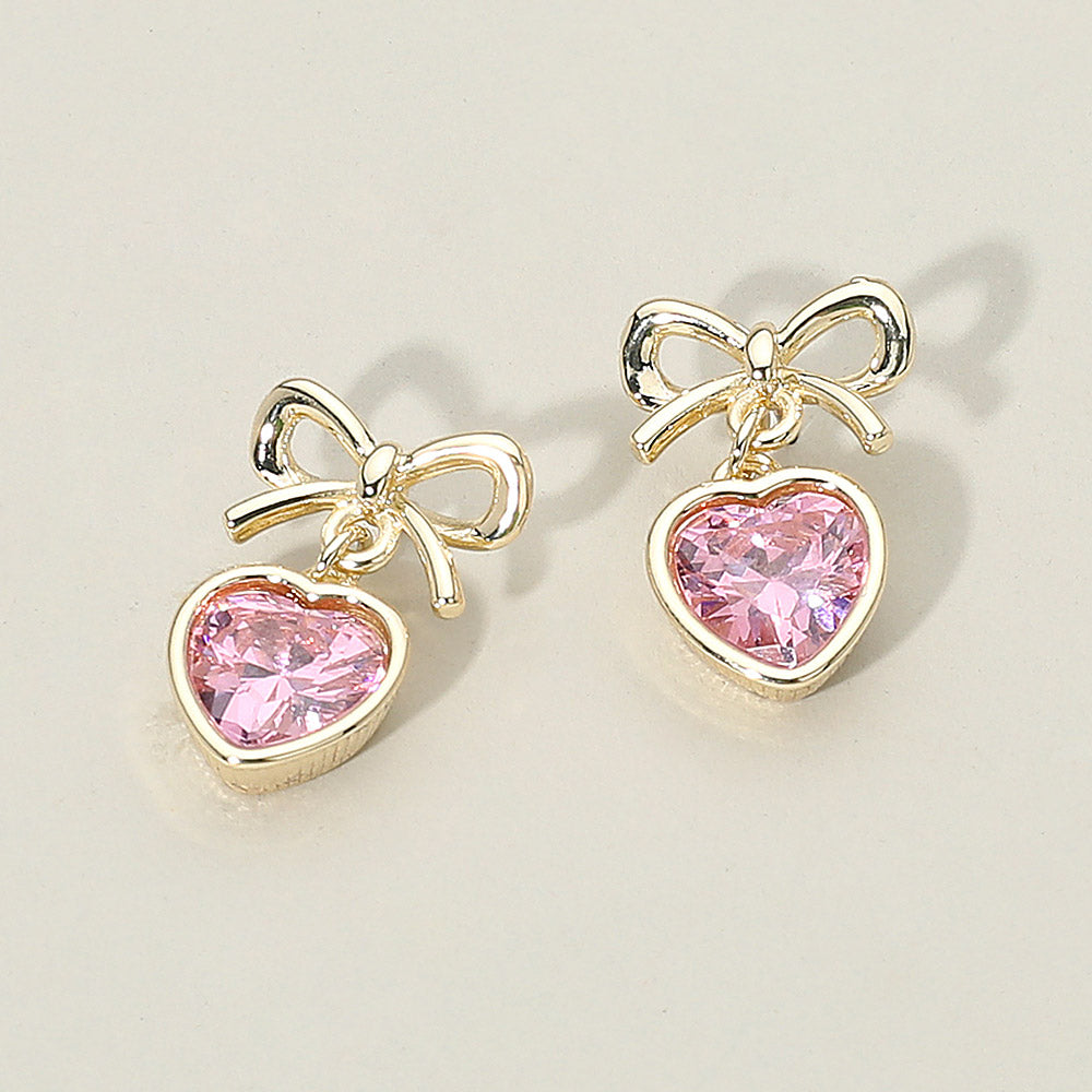 14K Gold Plated Bow Top Heart CZ Stone Bezel Drop Dangle Earrings