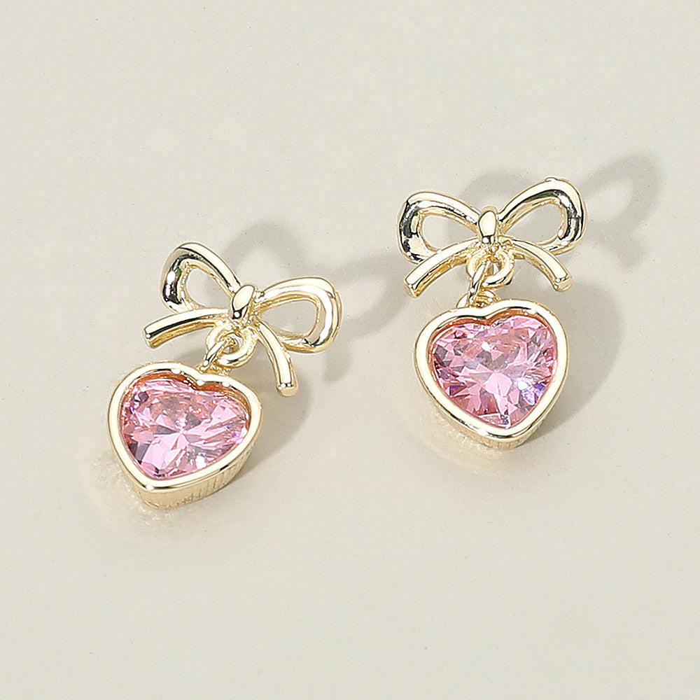 14K Gold Plated Bow Top Heart CZ Stone Bezel Drop Dangle Earrings M H W ACCESSORIES LLC 14K Gold Plated Bow Top Heart CZ Stone Bezel Drop Dangle Earrings