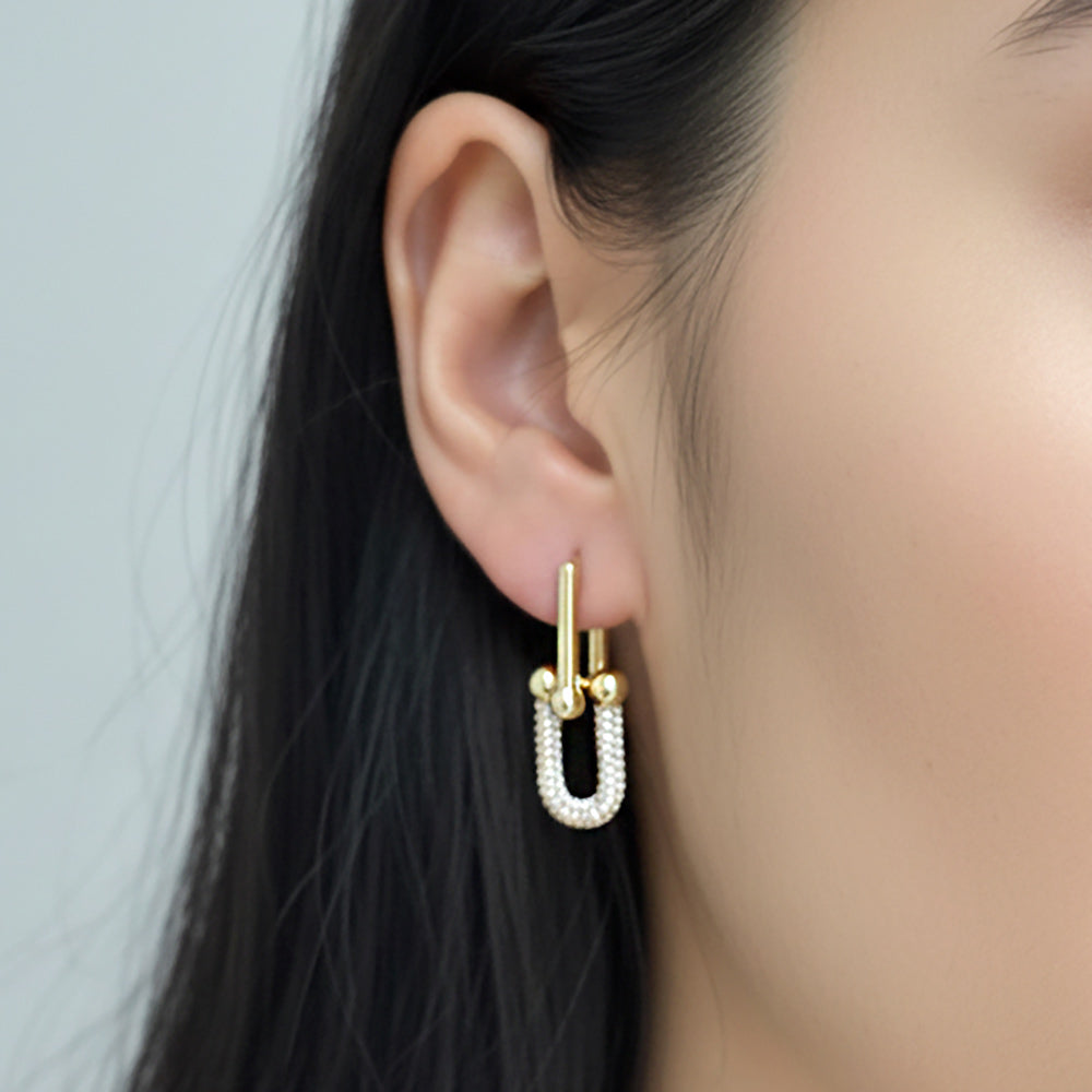 14K Gold Dipped CZ Pave Link Drop Huggie Earrings M H W ACCESSORIES LLC 14K Gold Dipped CZ Pave Link Drop Huggie Earrings