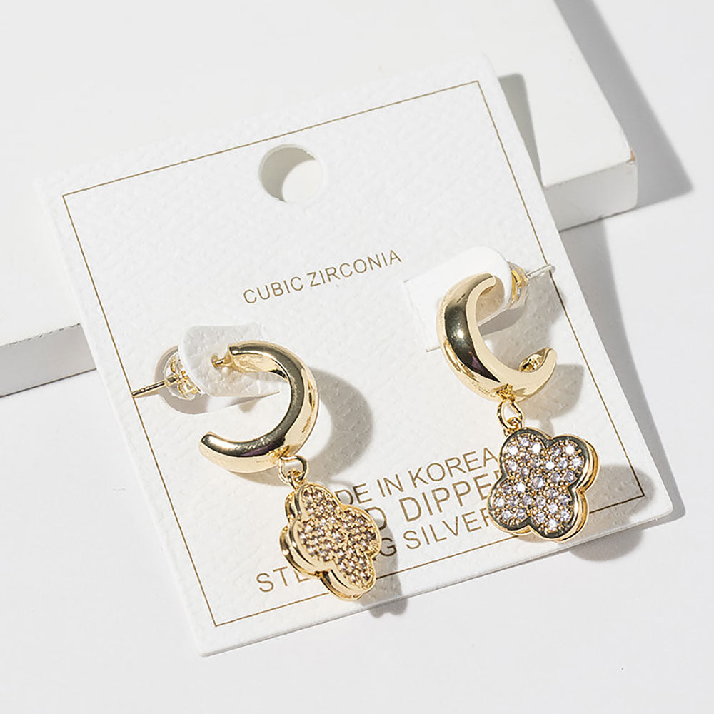 Gold Dipped CZ Stone Paved Quatrefoil Drop Dangle Mini Hoop Earrings M H W ACCESSORIES LLC Gold Dipped CZ Stone Paved Quatrefoil Drop Dangle Mini Hoop Earrings