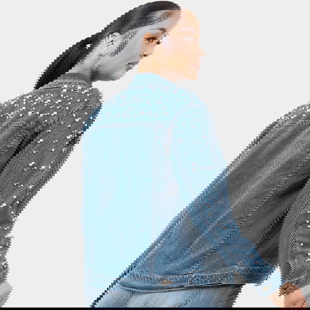Medium Blue Bling Pearl Bling Denim Jacket-L/XL - M H W ACCESSORIES LLC