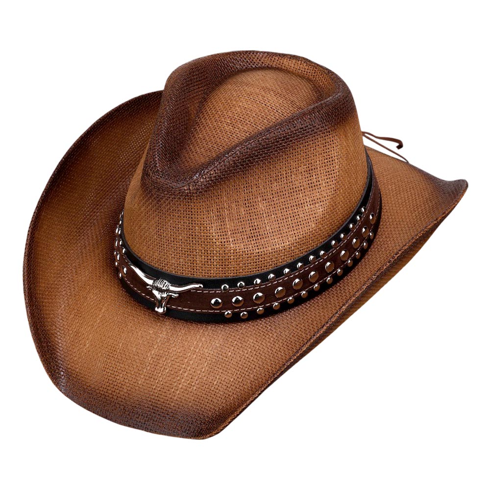 Metal Steer Head Pointed Faux Tan Leather Band Western Straw Cowboy Fedora Hat - M H W ACCESSORIES LLC