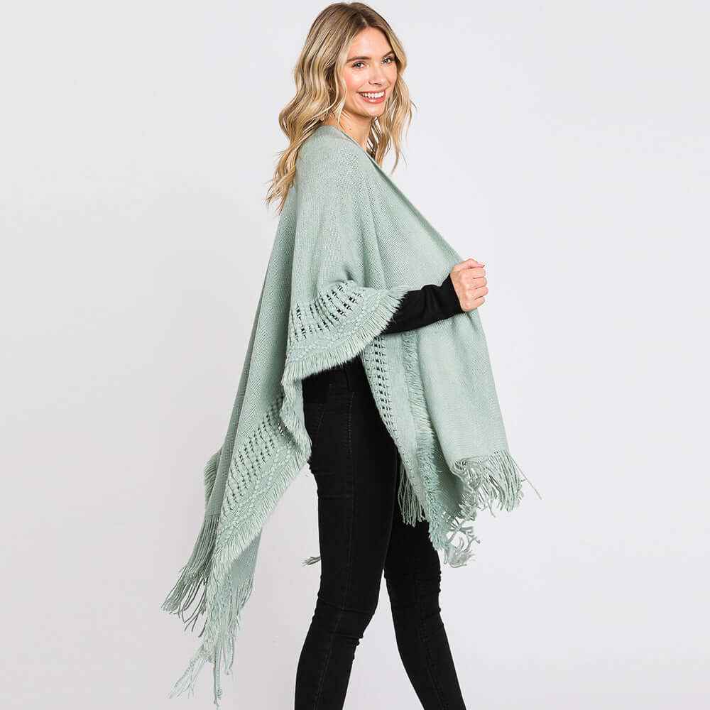 Mint Fringe Cut Out Knit Ruana Poncho