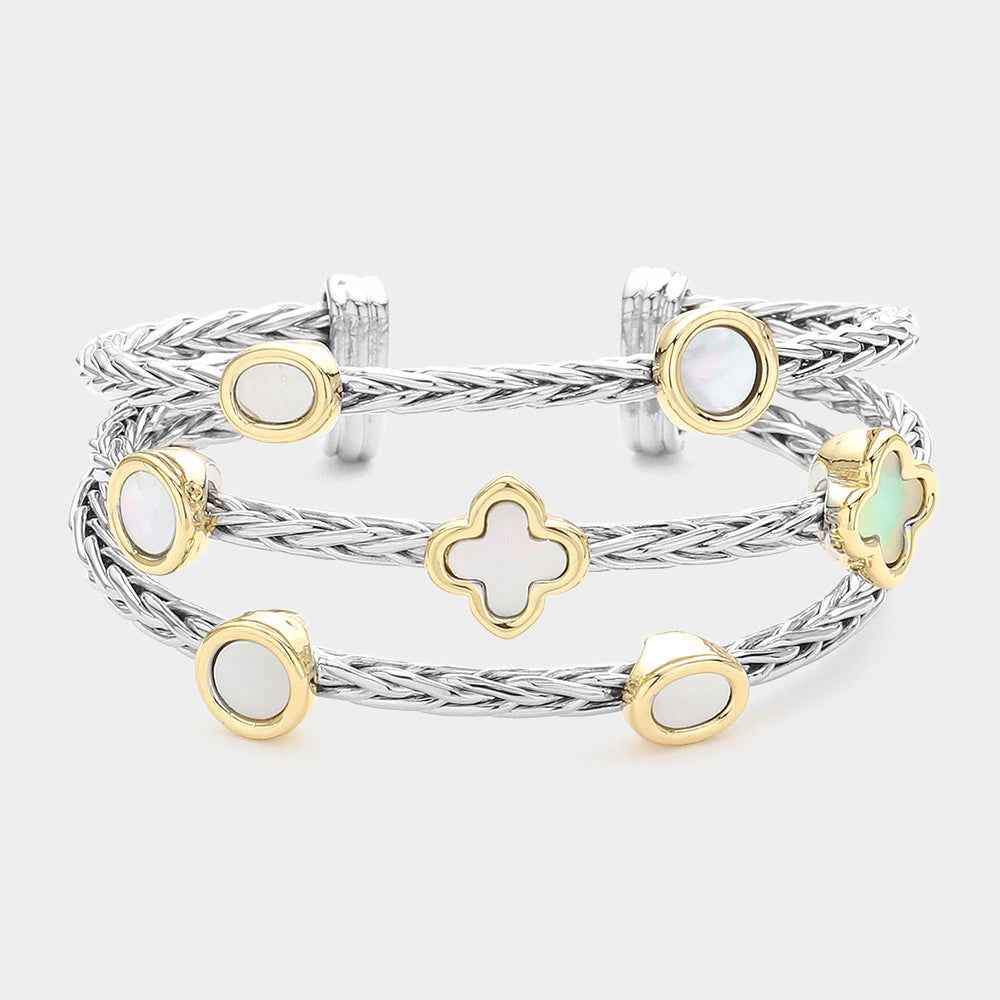 Mother Of Pearl Bezel Quatrefoil Cuff Bracelet